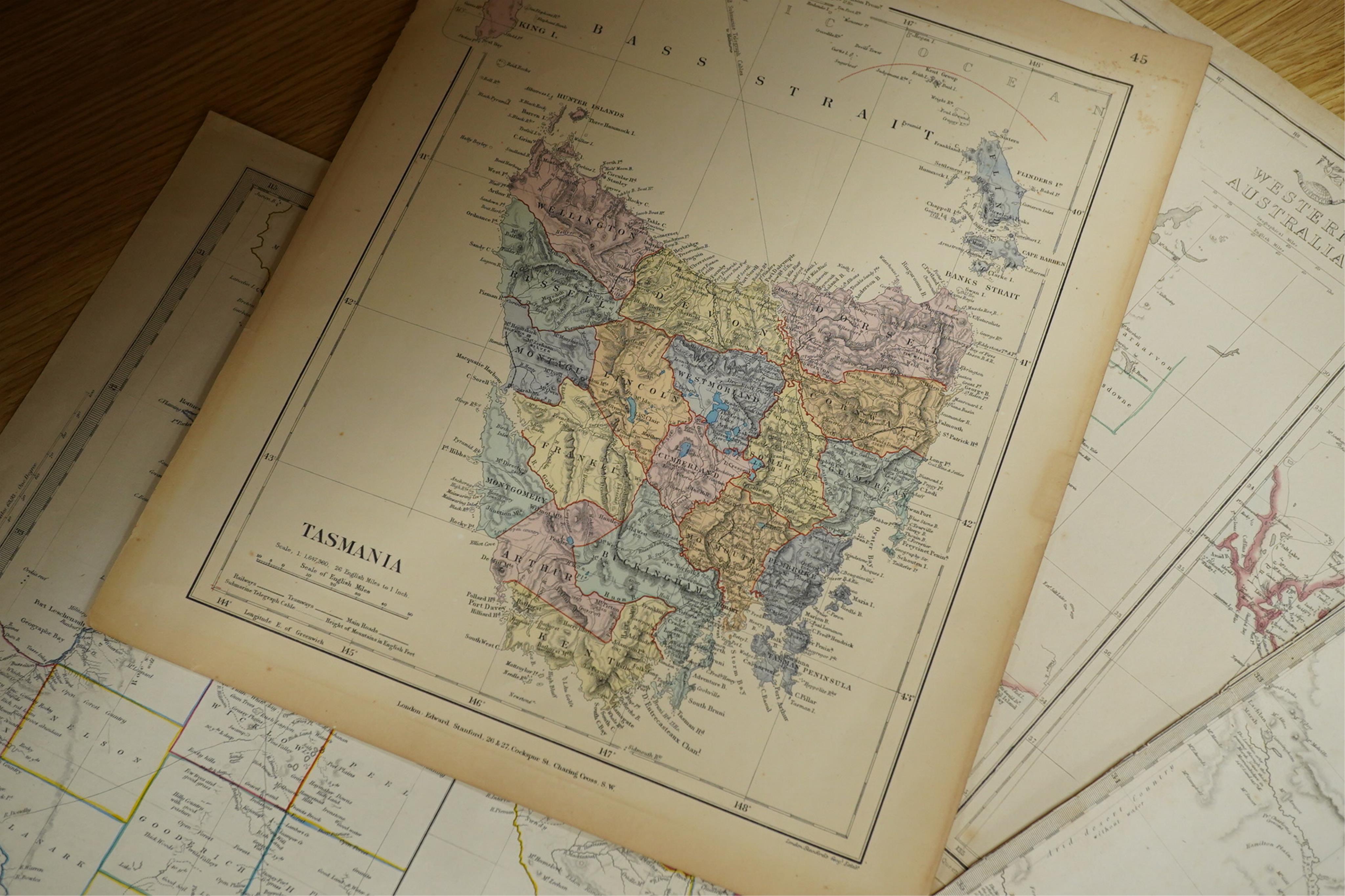 A collection of 19th century engraved maps to include Western Australia, Tasmania and New South Wales, unframed, largest 42 x 35cm. Condition - some foxing and discolouration